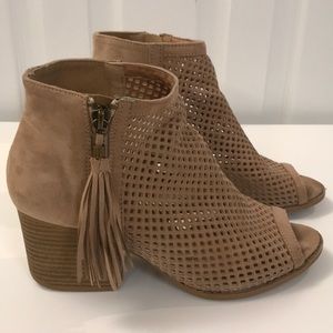 Peep-toe, tassel ankle booties